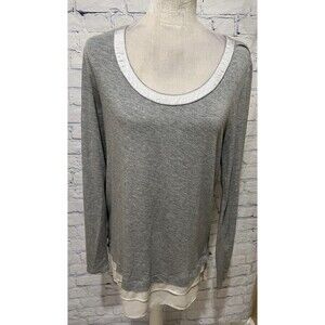 WHITE HOUSE BLACK MARKET Heather Gray Satin Trim Long Sleeve Stretch Tee Shirt L